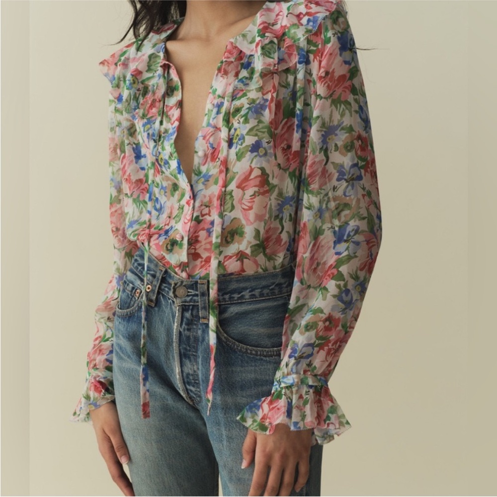Doen Sheer Floral Blouse - Pink, Blue & Green - Picture 2 of 4